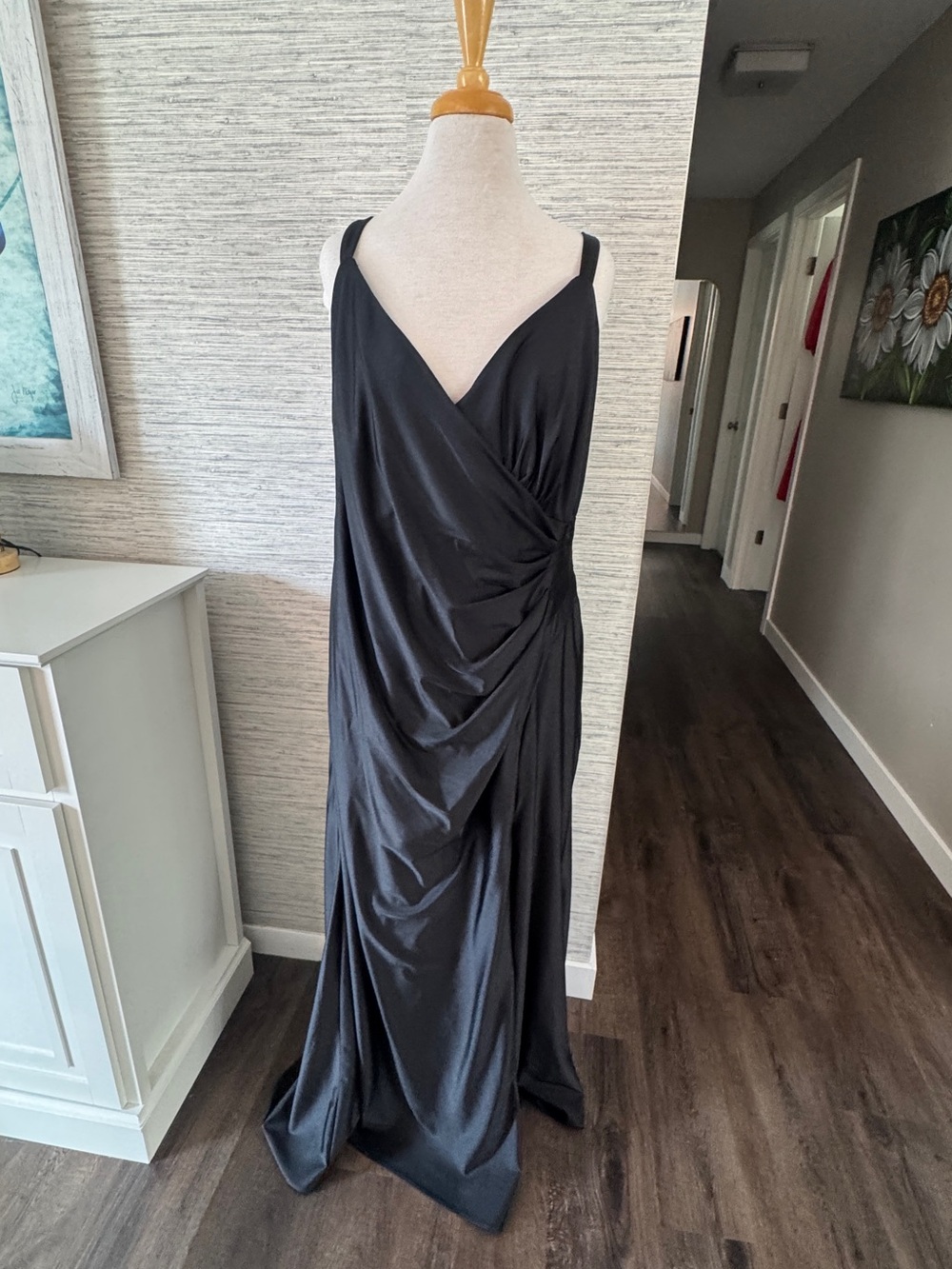 Xscape Black Draped V-Neck Maxi Gown rushed back NWT SZ 20W